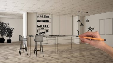 Parke zemin ve beyaz duvarlar ile boş beyaz iç, el çizim özel mimari tasarım, siyah mürekkep kroki, modern minimalist mutfak gösteren plan, konsept, mock-up, fikir