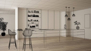 Parke zemin ve beyaz duvarlar, özel mimari tasarım projesi, siyah mürekkep kroki, modern mutfak, konsept, maket, mimar fikir gösteren plan ile boş beyaz iç