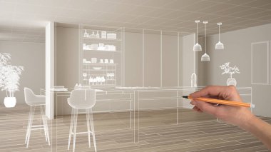 Parke zemin ve beyaz duvarlar ile boş beyaz iç, el çizim özel mimari tasarım, beyaz mürekkep kroki, modern minimalist mutfak gösteren plan, konsept mock-up fikir