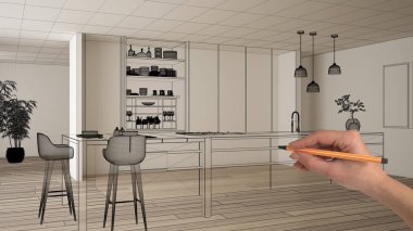 Parke zemin ve beyaz duvarlar ile boş beyaz iç, el çizim özel mimari tasarım, siyah mürekkep kroki, modern minimalist mutfak gösteren plan, konsept, mock-up, fikir