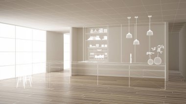 Parke zemin ve beyaz duvarlar, özel mimari tasarım projesi, beyaz mürekkep kroki, modern mutfak, konsept, maket, mimari fikir gösteren plan ile boş beyaz iç