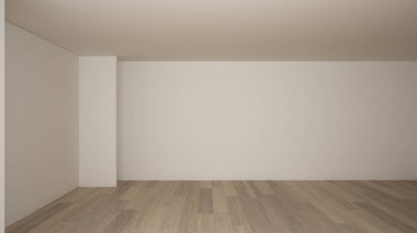 Boş oda iç tasarımı, beyaz duvarlar, modern tarzı, parke ahşap zemin ile açık alan, minimalist çağdaş mimari, konsept, mock-up, mimari fikir