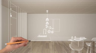 Parke zemin ve beyaz duvarlar ile boş beyaz iç, el çizim özel mimari tasarım, beyaz mürekkep kroki, modern minimalist mutfak gösteren plan, konsept mock-up fikir