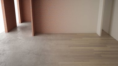 İç tasarım yenileme, önce ve sonra tamir ve duvar resmi, parke döşeme, geliştirme adımlardan, ev yenileme kavram fikir arka plan kopya alanı ile