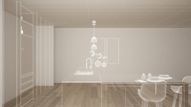 Parke zemin ve beyaz duvarlar, özel mimari tasarım projesi, beyaz mürekkep kroki, modern mutfak, konsept, maket, mimari fikir gösteren plan ile boş beyaz iç