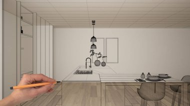 Parke zemin ve beyaz duvarlar ile boş beyaz iç, el çizim özel mimari tasarım, siyah mürekkep kroki, modern minimalist mutfak gösteren plan, konsept, mock-up, fikir
