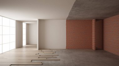 Ev yenileme işlemi, onarım ve duvar resmi, inşaat kavramı yeniden yapılanma. Tuğla ve boyalı duvarlar, parke zemin, duvar döşeme ve covering, mimari iç tasarım
