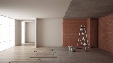 Ev yenileme işlemi, onarım ve duvar resmi, inşaat kavramı yeniden yapılanma. Tuğla ve boyalı duvarlar, parke zemin, duvar döşeme ve covering, mimari iç tasarım