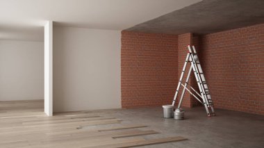 Ev yenileme işlemi, onarım ve duvar resmi, inşaat kavramı yeniden yapılanma. Tuğla ve boyalı duvarlar, parke zemin, duvar döşeme ve covering, mimari iç tasarım