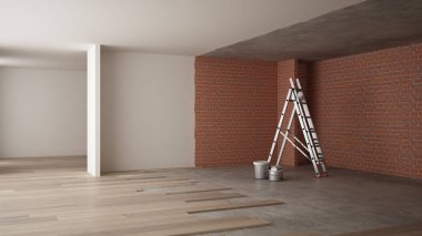 Ev yenileme işlemi, onarım ve duvar resmi, inşaat kavramı yeniden yapılanma. Tuğla ve boyalı duvarlar, parke zemin, duvar döşeme ve covering, mimari iç tasarım