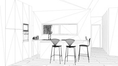 Blueprint proje taslak, yemek masası ve parke zemin, fırın lavabo ve gaz sobası, şerit pencere, modern çağdaş düz, iç tasarım konsept fikri ile minimalist beyaz mutfak