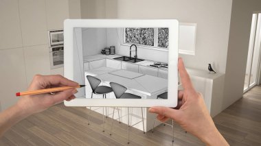 Holding ve tablet gösteren modern beyaz mutfak ahşap detayları Cad çizim el kroki. Gerçek bitmiş iç mimari tasarım sunum arka planda