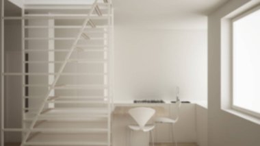 Bulanıklık arka plan iç tasarım, minimalist oturma odası, mutfak ve ahşap adımlar ile beyaz modern merdiven, parke zemin, konsept, mimar tasarımcı projesi, mimari fikir