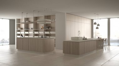 Minimalist lüks pahalı beyaz ve ahşap mutfak, ada, lavabo ve gaz ocağı, açık alan, panoramik pencere, mermer seramik zemin, modern iç tasarım mimari konsept fikri