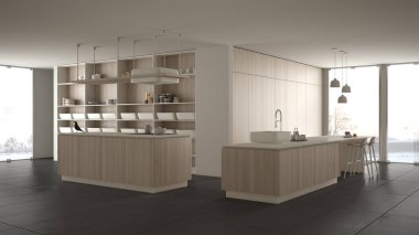 Minimalist lüks pahalı beyaz ve ahşap mutfak, ada, lavabo ve gaz ocağı, açık alan, panoramik pencere, mermer seramik zemin, modern iç tasarım mimari konsept fikri