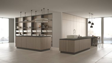 Minimalist lüks pahalı gri ve ahşap mutfak, ada, lavabo ve gaz ocağı, açık alan, panoramik pencere, mermer seramik zemin, modern iç tasarım mimari konsept fikri