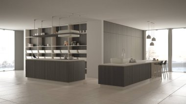 Minimalist lüks pahalı beyaz ve gri ahşap mutfak, ada, lavabo ve ocak, açık alan, panoramik pencere, mermer seramik zemin, modern iç tasarım mimari konsept fikir