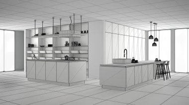 Minimalist lüks pahalı mutfak, ada, lavabo ve gaz ocağı, açık alan, seramik zemin, modern iç tasarım mimari konsept fikir bitmemiş proje