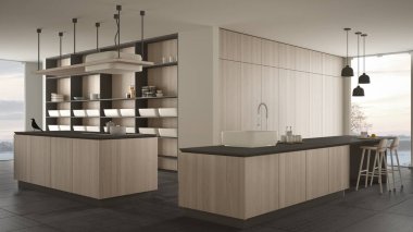 Minimalist lüks pahalı beyaz ve ahşap mutfak, ada, lavabo ve gaz ocağı, açık alan, panoramik pencere, mermer seramik zemin, modern iç tasarım mimari konsept fikri