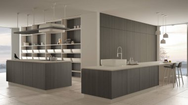 Minimalist lüks pahalı beyaz ve gri ahşap mutfak, ada, lavabo ve ocak, açık alan, panoramik pencere, mermer seramik zemin, modern iç tasarım mimari konsept fikir
