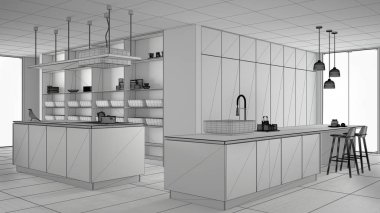 Minimalist lüks pahalı mutfak, ada, lavabo ve gaz ocağı, açık alan, seramik zemin, modern iç tasarım mimari konsept fikir bitmemiş proje