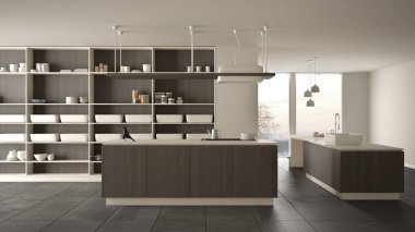 Minimalist lüks pahalı beyaz ve ahşap mutfak, ada, lavabo ve gaz ocağı, açık alan, panoramik pencere, mermer seramik zemin, modern iç tasarım mimari konsept fikri