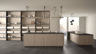 Minimalist lüks pahalı beyaz ve ahşap mutfak, ada, lavabo ve gaz ocağı, açık alan, panoramik pencere, mermer seramik zemin, modern iç tasarım mimari konsept fikri
