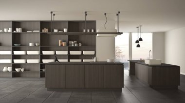 Minimalist lüks pahalı koyu gri mutfak, ada, lavabo ve gaz ocağı, açık alan, panoramik pencere, mermer seramik zemin, modern iç tasarım mimari konsept fikir