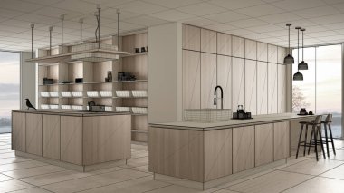 Blueprint taslak taslak, tasarım konsepti, mimar tasarımcı projesi, minimalist lüks pahalı mutfak, ada, lavabo ve gaz ocak, açık alan, seramik zemin, iç tasarım fikri