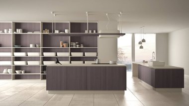 Minimalist lüks pahalı beyaz ve mor ahşap mutfak, ada, lavabo ve ocak, açık alan, panoramik pencere, mermer seramik zemin, modern iç tasarım mimari konsept fikir