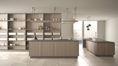 Minimalist lüks pahalı beyaz ve ahşap mutfak, ada, lavabo ve gaz ocağı, açık alan, panoramik pencere, mermer seramik zemin, modern iç tasarım mimari konsept fikri