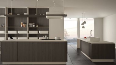 Minimalist lüks pahalı beyaz ve ahşap mutfak, ada, lavabo ve gaz ocağı, açık alan, panoramik pencere, mermer seramik zemin, modern iç tasarım mimari konsept fikri