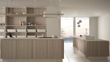 Minimalist lüks pahalı beyaz ve ahşap mutfak, ada, lavabo ve gaz ocağı, açık alan, panoramik pencere, mermer seramik zemin, modern iç tasarım mimari konsept fikri