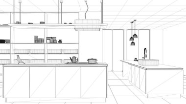 Blueprint proje taslak, minimalist lüks pahalı beyaz mutfak, ada, lavabo ve ocak, açık alan, pencere, mermer seramik zemin, modern iç tasarım mimari konsept fikir