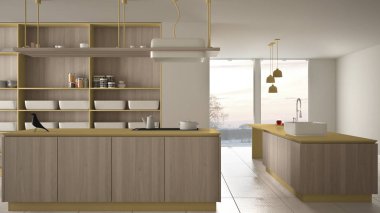 Minimalist lüks pahalı sarı ve ahşap mutfak, ada, lavabo ve gaz ocağı, açık alan, panoramik pencere, mermer seramik zemin, modern iç tasarım mimari konsept fikri