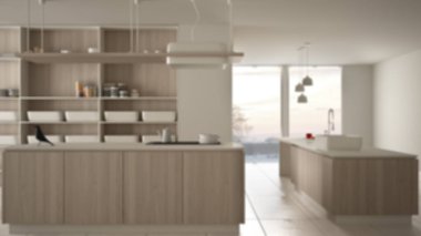 Bulanıklık arka plan iç tasarım, minimalist lüks pahalı mutfak, ada, lavabo ve gaz ocak, açık alan, seramik zemin, modern iç tasarım mimari kavram fikri