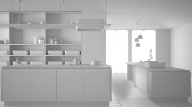 Toplam beyaz proje, malzeme olmadan, minimalist lüks pahalı mutfak, ada, lavabo ve gaz ocağı, açık alan, seramik zemin, modern iç tasarım mimari konsept fikir