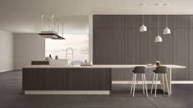 Minimalist lüks pahalı beyaz ve ahşap mutfak, ada, lavabo ve gaz ocağı, açık alan, panoramik pencere, mermer seramik zemin, modern iç tasarım mimari konsept fikri