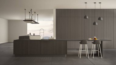 Minimalist lüks pahalı koyu gri mutfak, ada, lavabo ve gaz ocağı, açık alan, panoramik pencere, mermer seramik zemin, modern iç tasarım mimari konsept fikir
