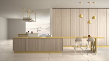 Minimalist lüks pahalı sarı ve ahşap mutfak, ada, lavabo ve gaz ocağı, açık alan, panoramik pencere, mermer seramik zemin, modern iç tasarım mimari konsept fikri