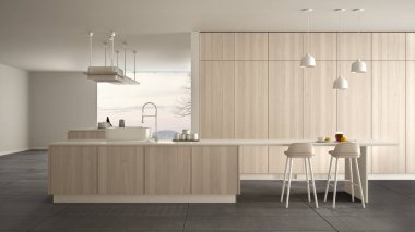 Minimalist lüks pahalı beyaz ve ahşap mutfak, ada, lavabo ve gaz ocağı, açık alan, panoramik pencere, mermer seramik zemin, modern iç tasarım mimari konsept fikri