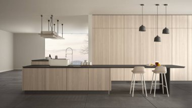Minimalist lüks pahalı beyaz ve ahşap mutfak, ada, lavabo ve gaz ocağı, açık alan, panoramik pencere, mermer seramik zemin, modern iç tasarım mimari konsept fikri