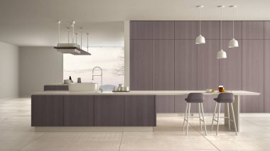 Minimalist lüks pahalı beyaz ve mor ahşap mutfak, ada, lavabo ve ocak, açık alan, panoramik pencere, mermer seramik zemin, modern iç tasarım mimari konsept fikir