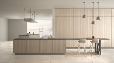 Minimalist lüks pahalı beyaz ve ahşap mutfak, ada, lavabo ve gaz ocağı, açık alan, panoramik pencere, mermer seramik zemin, modern iç tasarım mimari konsept fikri