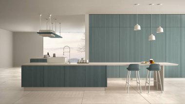 Minimalist lüks pahalı beyaz ve mavi ahşap mutfak, ada, lavabo ve ocak, açık alan, panoramik pencere, mermer seramik zemin, modern iç tasarım mimari konsept fikir