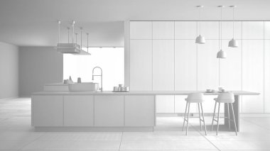 Toplam beyaz proje, malzeme olmadan, minimalist lüks pahalı mutfak, ada, lavabo ve gaz ocağı, açık alan, seramik zemin, modern iç tasarım mimari konsept fikir