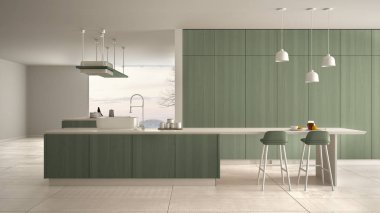 Minimalist lüks pahalı beyaz ve yeşil ahşap mutfak, ada, lavabo ve ocak, açık alan, panoramik pencere, mermer seramik zemin, modern iç tasarım mimari konsept fikir