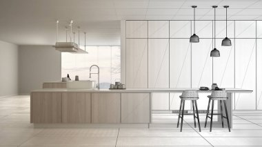 Mimar iç tasarımcı kavramı: gerçek olur bitmemiş proje, minimalist lüks pahalı beyaz ve ahşap mutfak, açık alan, modern iç tasarım konsept fikri