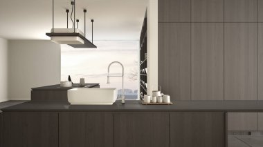 Minimalist lüks pahalı koyu gri mutfak, ada, lavabo ve gaz ocağı, açık alan, panoramik pencere, mermer seramik zemin, modern iç tasarım mimari konsept fikir