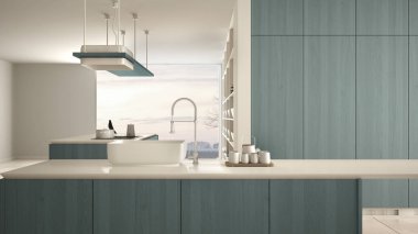 Minimalist lüks pahalı beyaz ve mavi ahşap mutfak, ada, lavabo ve ocak, açık alan, panoramik pencere, mermer seramik zemin, modern iç tasarım mimari konsept fikir